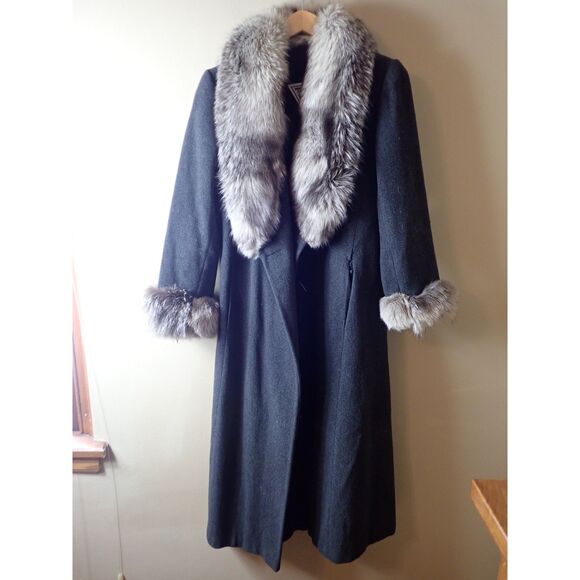 Marvin Richards Winter Sliver Fox Fur Trench Coat Size 6 Gray Charcoal Vintage - Picture 1 of 14